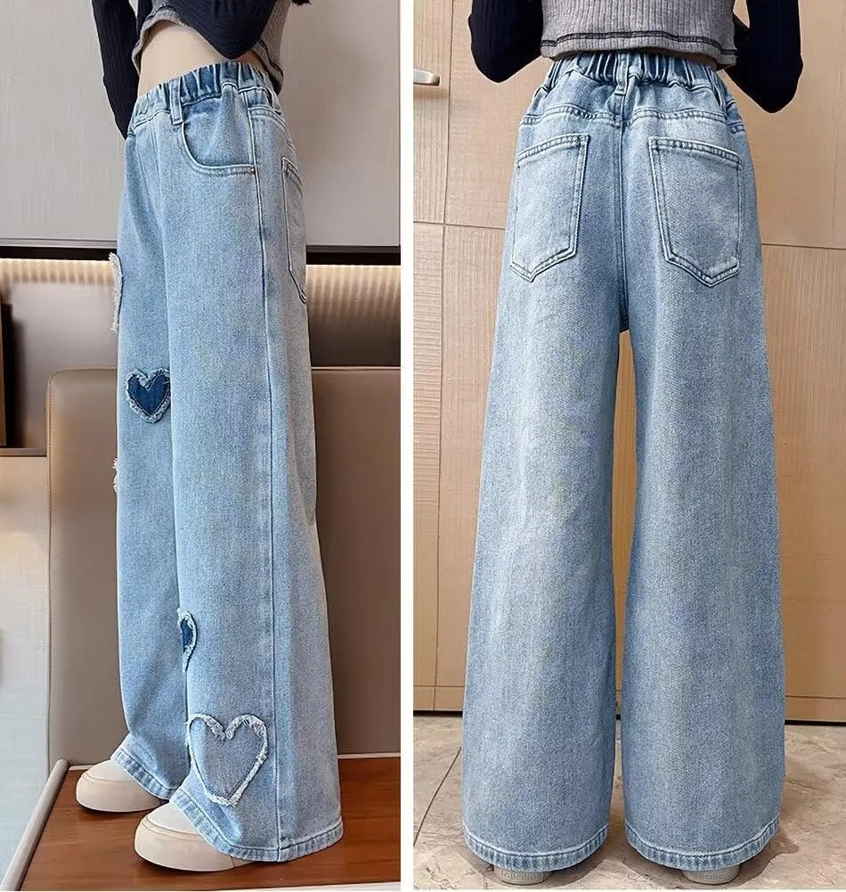 Girls Wide Leg Jeans Denim Elastic Wasit Baggy Ripped Distressed Pants