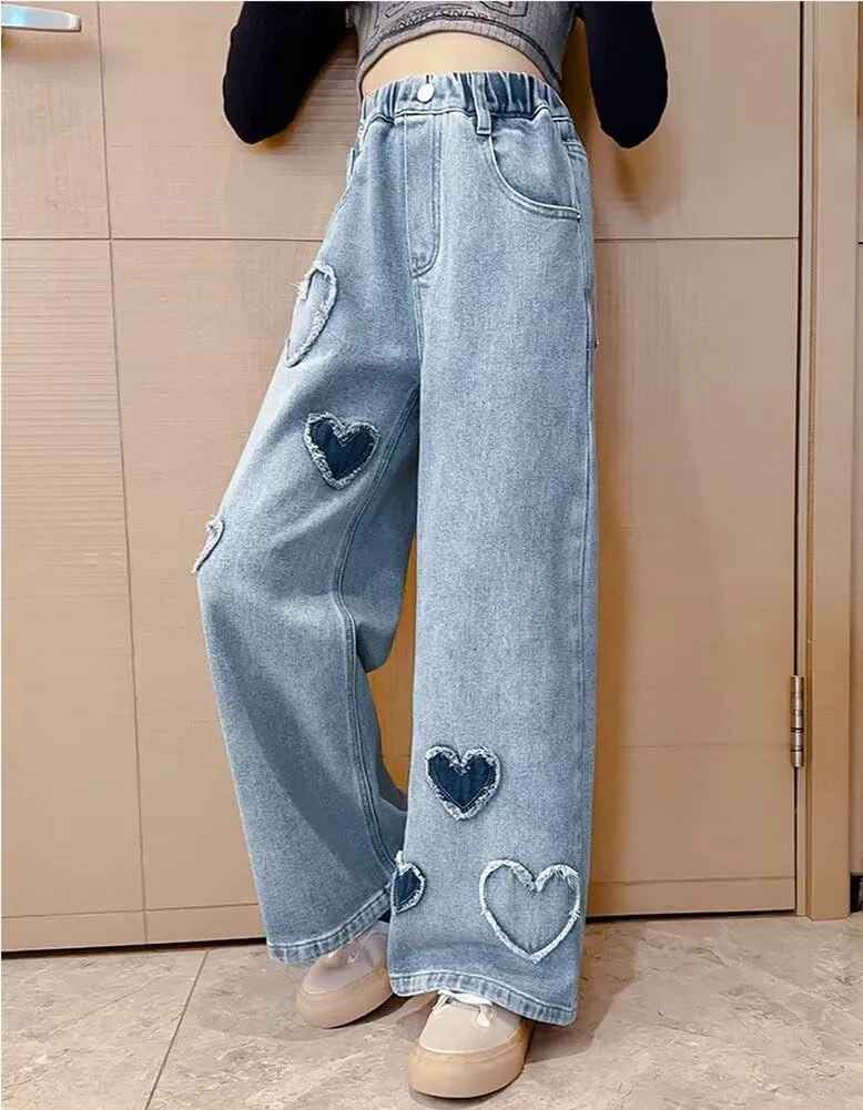 Girls Wide Leg Jeans Denim Elastic Wasit Baggy Ripped Distressed Pants