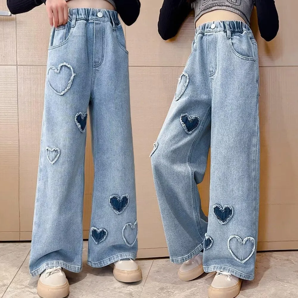 Girls Wide Leg Jeans Denim Elastic Wasit Baggy Ripped Distressed Pants