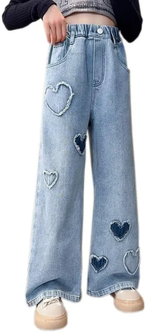 Girls Wide Leg Jeans Denim Elastic Wasit Baggy Ripped Distressed Pants