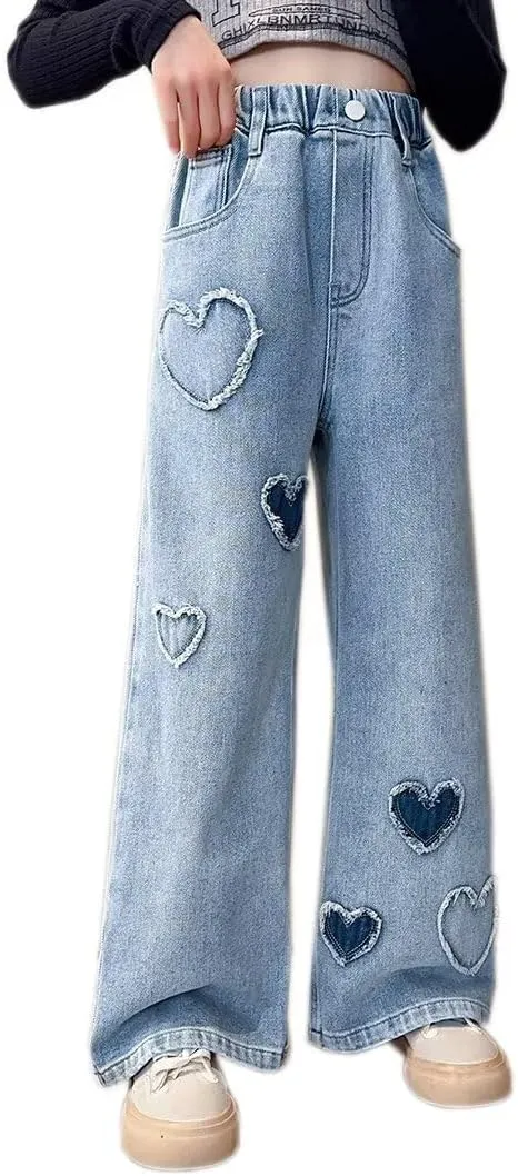 Girls Wide Leg Jeans Denim Elastic Wasit Baggy Ripped Distressed Pants