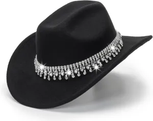 Glitter Silver Black Cowboy Hats for Women - Western Sparkly Rhinestone Cowgirl Hat for Ladies Size M-L