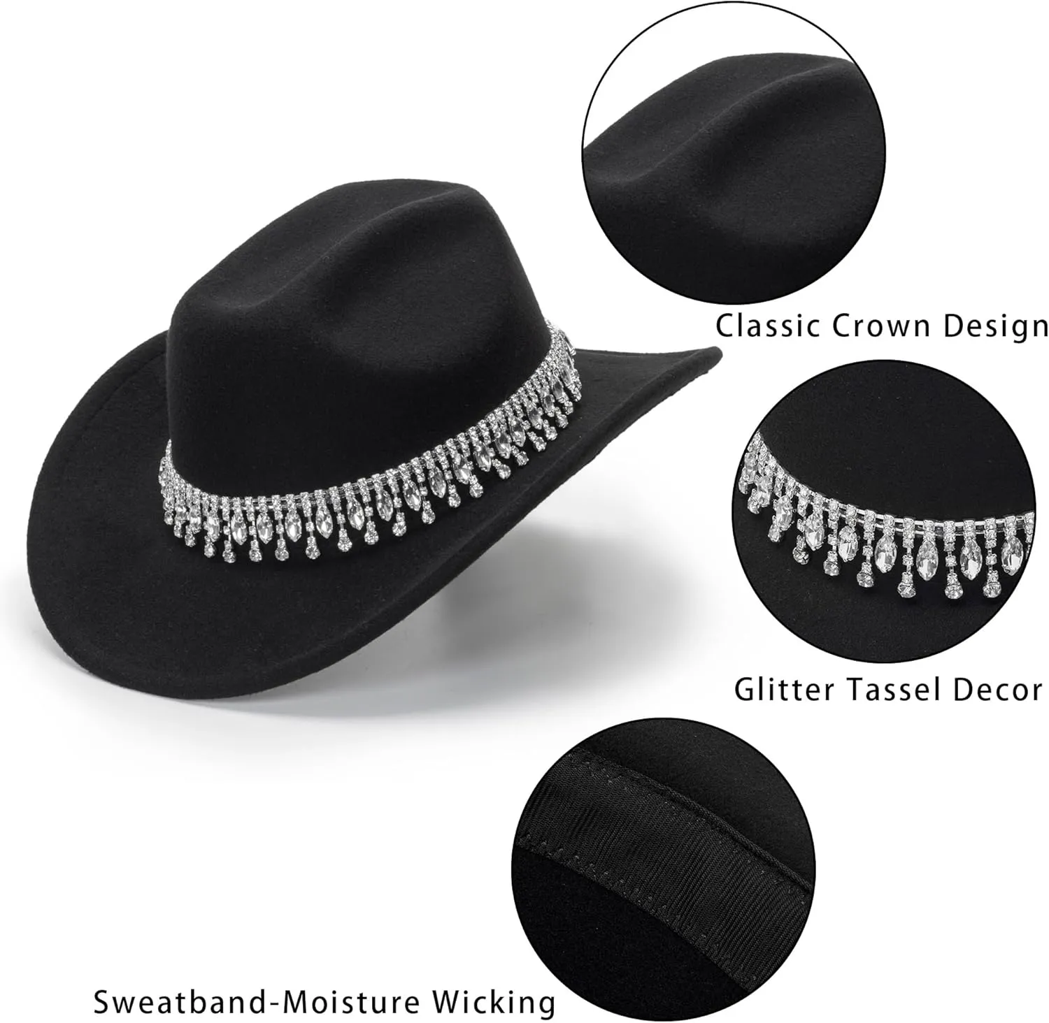 Glitter Silver Black Cowboy Hats for Women - Western Sparkly Rhinestone Cowgirl Hat for Ladies Size M-L