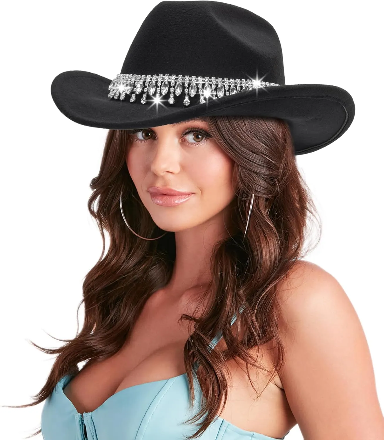Glitter Silver Black Cowboy Hats for Women - Western Sparkly Rhinestone Cowgirl Hat for Ladies Size M-L