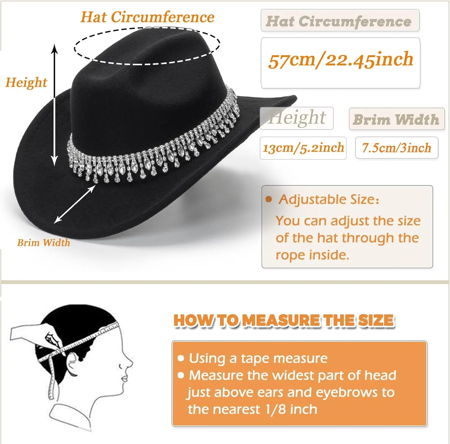 Glitter Silver Black Cowboy Hats for Women - Western Sparkly Rhinestone Cowgirl Hat for Ladies Size M-L