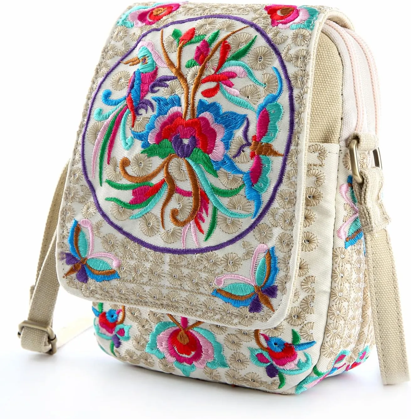 Goodhan Flower Embroidered Crossbody Bag Phone Purse Small Handbag Coin Pouch, Bigger Version