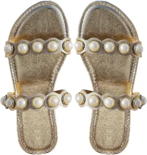 GORGLITTER Women's Pearls Decor Flat Sandals Metallic Dressy Vacation Open Toe Pu Leather Slide Sandals