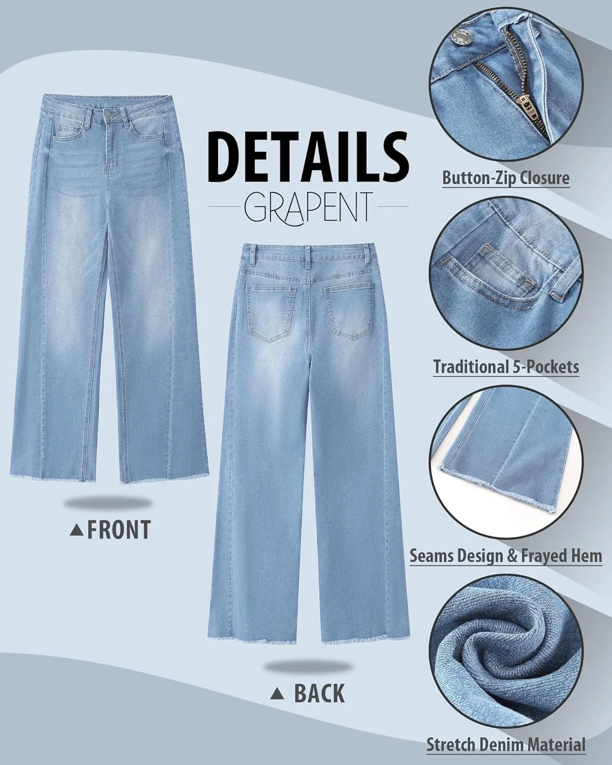 GRAPENT Wide Leg Jeans for Women High Waisted Trendy Strechy Denim Pants Side Seam Frayed Hem Baggy Work Trouser Jeans