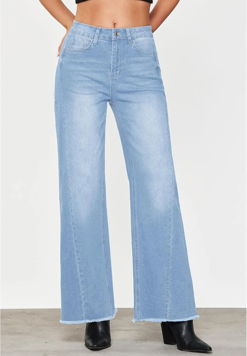 GRAPENT Wide Leg Jeans for Women High Waisted Trendy Strechy Denim Pants Side Seam Frayed Hem Baggy Work Trouser Jeans