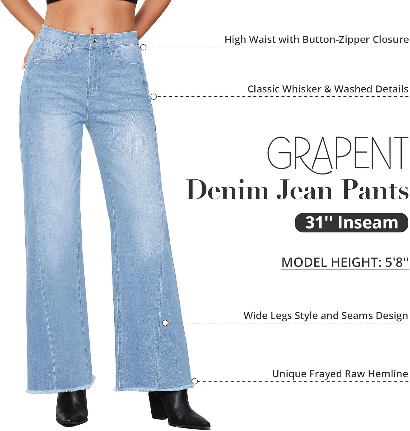 GRAPENT Wide Leg Jeans for Women High Waisted Trendy Strechy Denim Pants Side Seam Frayed Hem Baggy Work Trouser Jeans