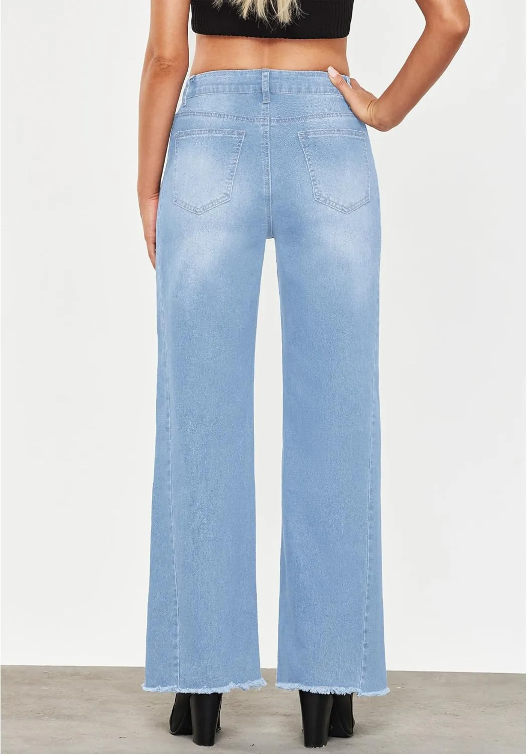 GRAPENT Wide Leg Jeans for Women High Waisted Trendy Strechy Denim Pants Side Seam Frayed Hem Baggy Work Trouser Jeans