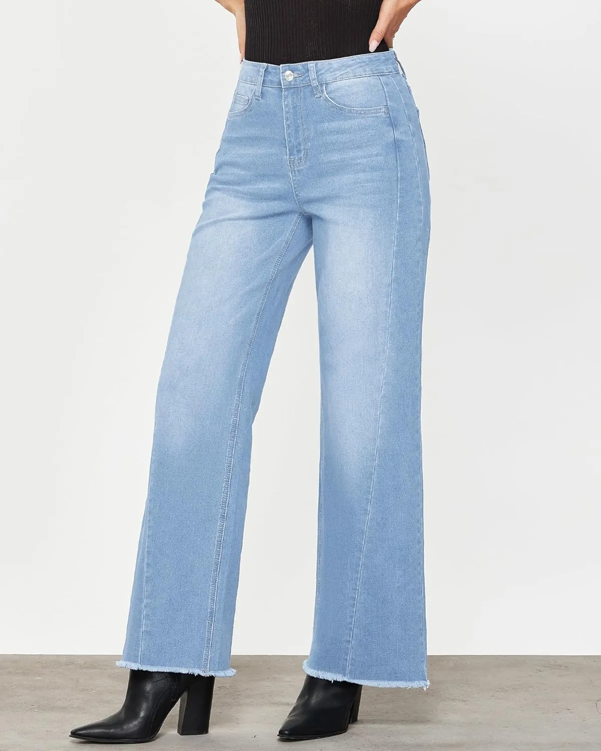 GRAPENT Wide Leg Jeans for Women High Waisted Trendy Strechy Denim Pants Side Seam Frayed Hem Baggy Work Trouser Jeans