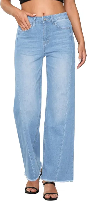 GRAPENT Wide Leg Jeans for Women High Waisted Trendy Strechy Denim Pants Side Seam Frayed Hem Baggy Work Trouser Jeans