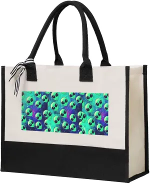 Green aliens print canvas tote bag for women - eco-friendly, reusable, and spacious for everyday use