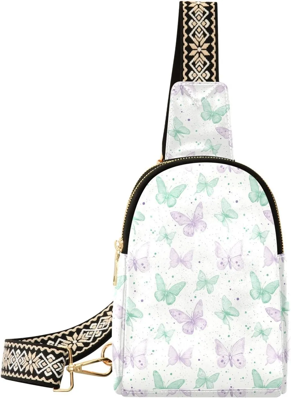 Green Purple Butterfly Stylish PU Leather Waist Pack Soft Waterproof Crossbody Bag with Metal Hardware Fits Keys Phone Passport for Work Walks Music Fests & Trips