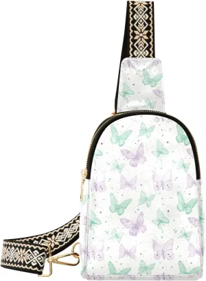 Green Purple Butterfly Stylish PU Leather Waist Pack Soft Waterproof Crossbody Bag with Metal Hardware Fits Keys Phone Passport for Work Walks Music Fests & Trips
