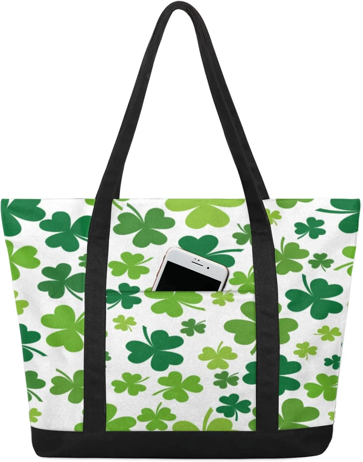 Green Shamrock Canvas Tote Bag Casual Shoulder Handbag Large Shopping Bags With 5 Pocket Carry On Weekender Backpack for Women Travel Work Gifts Duffle Grocery Compartment
