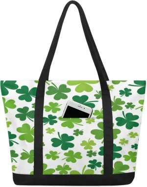Green Shamrock Canvas Tote Bag Casual Shoulder Handbag Large Shopping Bags With 5 Pocket Carry On Weekender Backpack for Women Travel Work Gifts Duffle Grocery Compartment