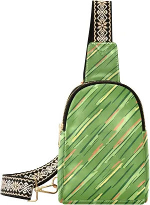 Green Stripe Full-Print Leather Fashion Waist Pack Small Crossbody Bag with Card Slots & Adjustable Strap for Biking Shopping Hiking Running & Casual Outings