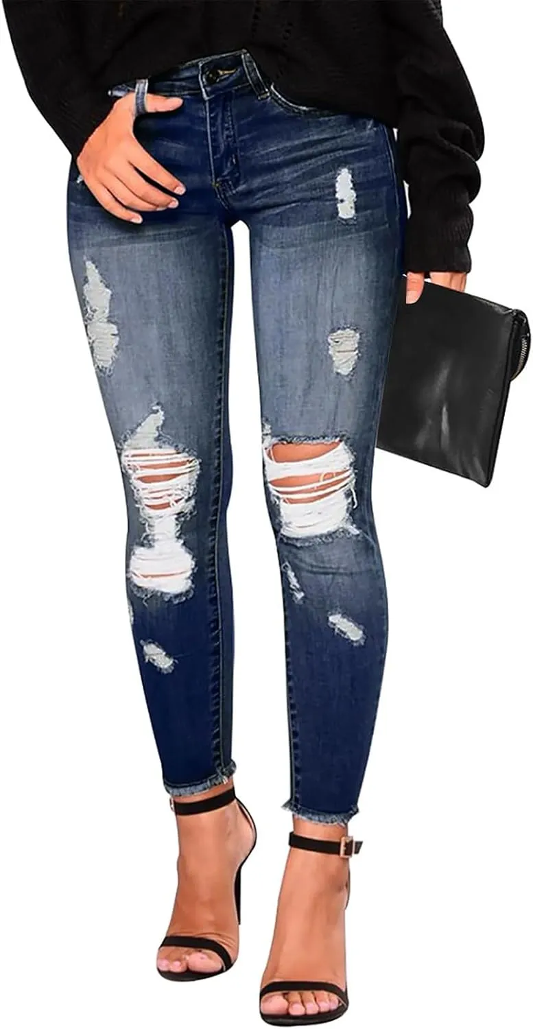 Gumipy Ripped Stretchy Jeans for Women Button Up Mid Rise Skinny Jeans Slim Fit Butt Lifting Jeans for Curvy with Pockets