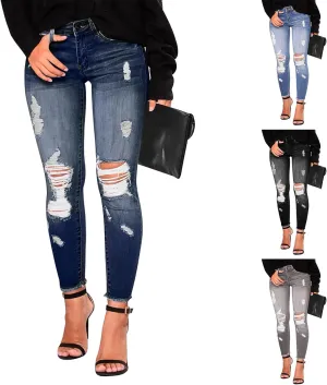 Gumipy Ripped Stretchy Jeans for Women Button Up Mid Rise Skinny Jeans Slim Fit Butt Lifting Jeans for Curvy with Pockets