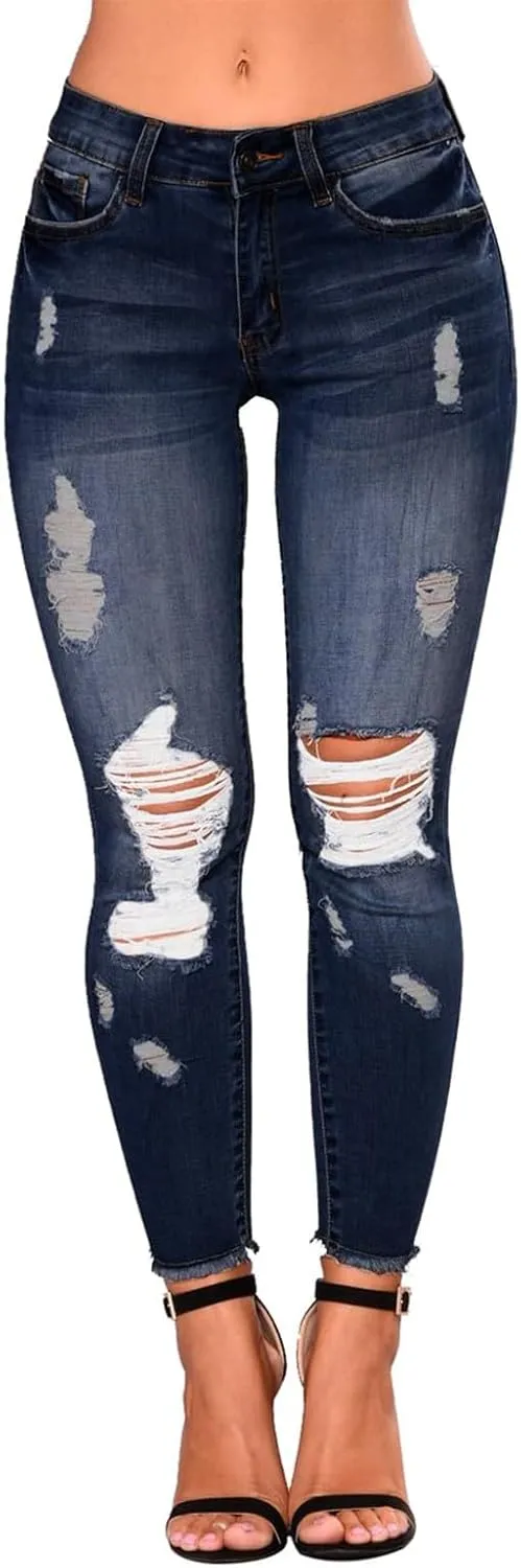 Gumipy Ripped Stretchy Jeans for Women Button Up Mid Rise Skinny Jeans Slim Fit Butt Lifting Jeans for Curvy with Pockets