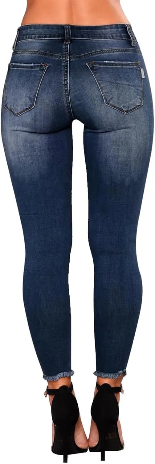 Gumipy Ripped Stretchy Jeans for Women Button Up Mid Rise Skinny Jeans Slim Fit Butt Lifting Jeans for Curvy with Pockets