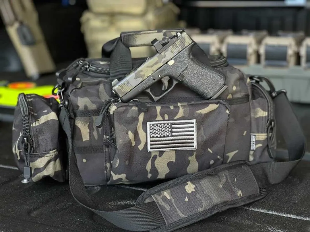 Gun Case Bag Small | Tactical 2-Pistol Bag Handgun Duffle Bag w/Lockable Zipper for Shooting Range Hunting Sports | US Flag Patch   MOLLE Pouch   Universal Holster Included