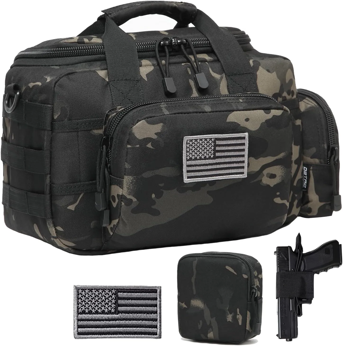 Gun Case Bag Small | Tactical 2-Pistol Bag Handgun Duffle Bag w/Lockable Zipper for Shooting Range Hunting Sports | US Flag Patch   MOLLE Pouch   Universal Holster Included