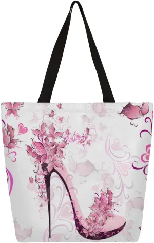 Hand Painted Heart Flower High Heels Large Capacity Canvas Tote Bag Stylish Handheld Shoulder Bag Reusable Shopping Bag for Work Travel Beach Trips Shopping