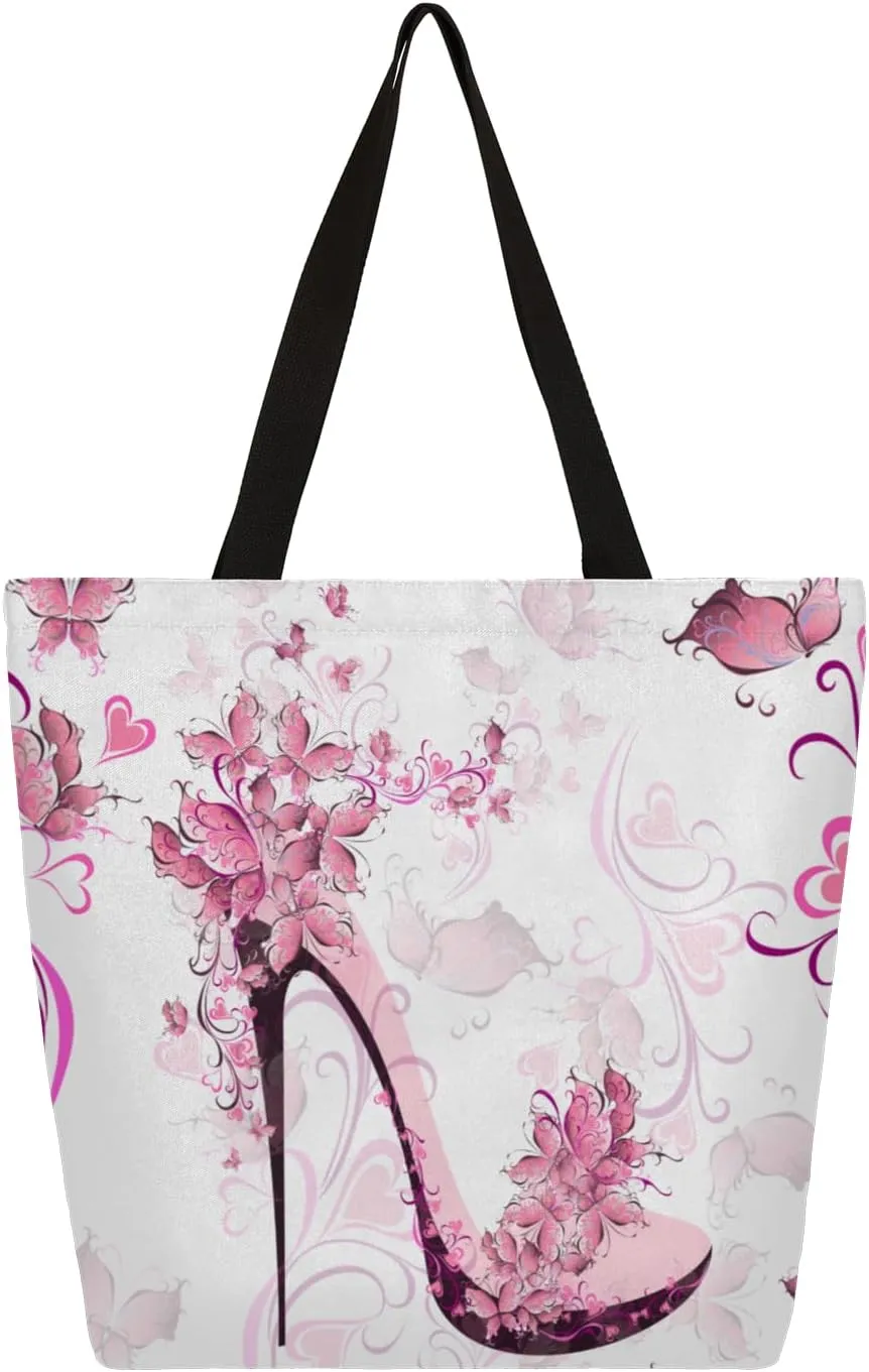 Hand Painted Heart Flower High Heels Large Capacity Canvas Tote Bag Stylish Handheld Shoulder Bag Reusable Shopping Bag for Work Travel Beach Trips Shopping