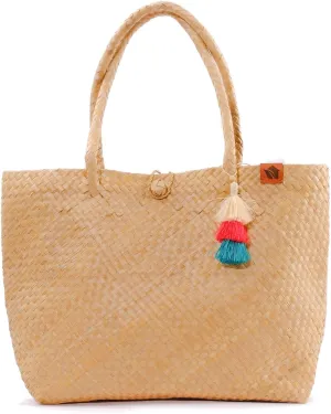 Handwoven Buri Tote Bag with Tassels, Cream and Navy LKHBRU02CONSUELO