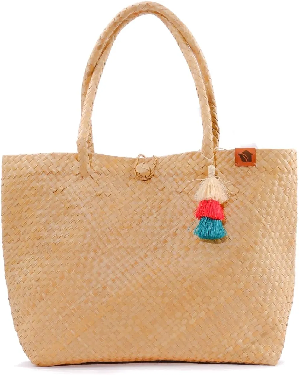 Handwoven Buri Tote Bag with Tassels, Cream and Navy LKHBRU02CONSUELO