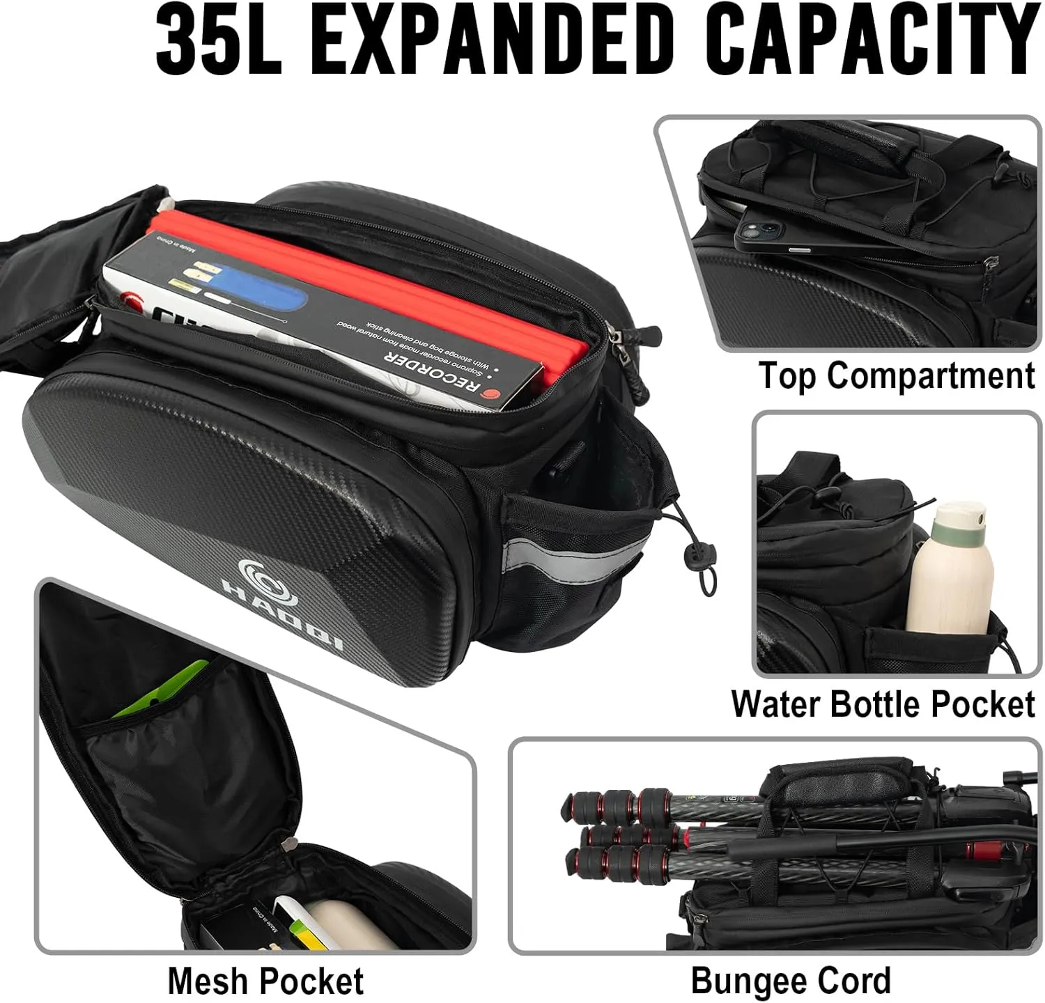 HAOQI 35L Panniers Bike Bags, Waterproof Bicycle Rear Rack Trunk Bag Hard Shell Ebike Cargo Saddle Seat Bag Carrier Handbag with Shoulder Strap for Commuter Travel Outdoor,Black
