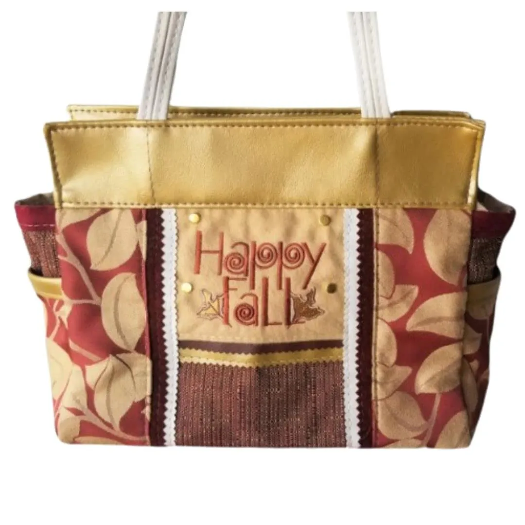 Happy Fall Leaves Handbag, Upcycled Shoulder Bag, Embroidered Seasonal Purse