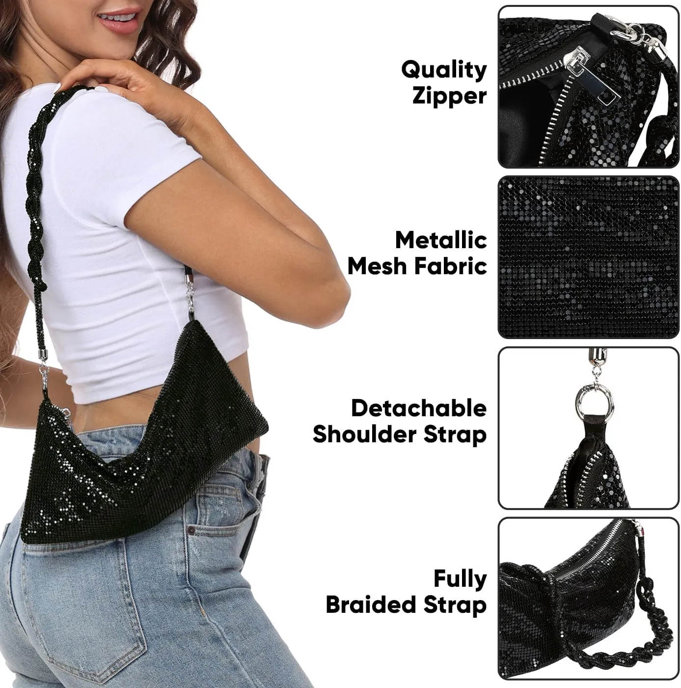 HDE Women's Metallic Mesh Evening Bag Shiny Braid Knotted Shoulder Purse Handbag