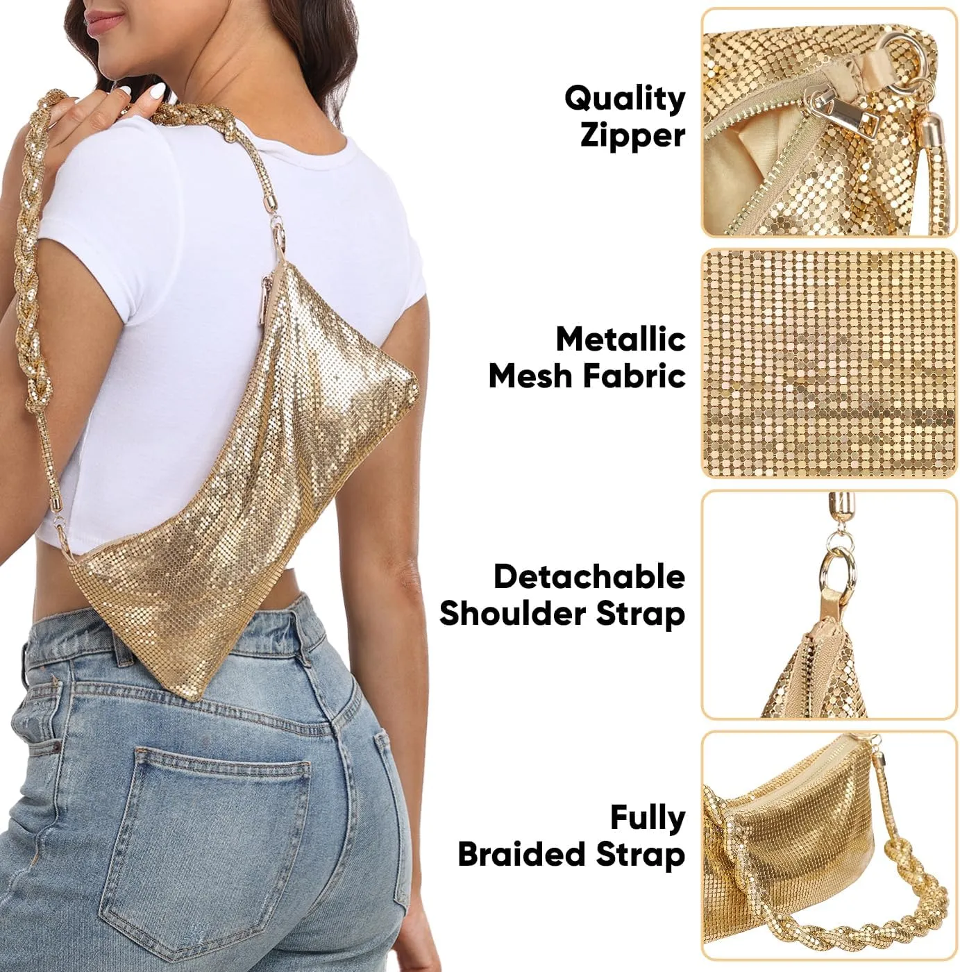 HDE Women's Metallic Mesh Evening Bag Shiny Braid Knotted Shoulder Purse Handbag