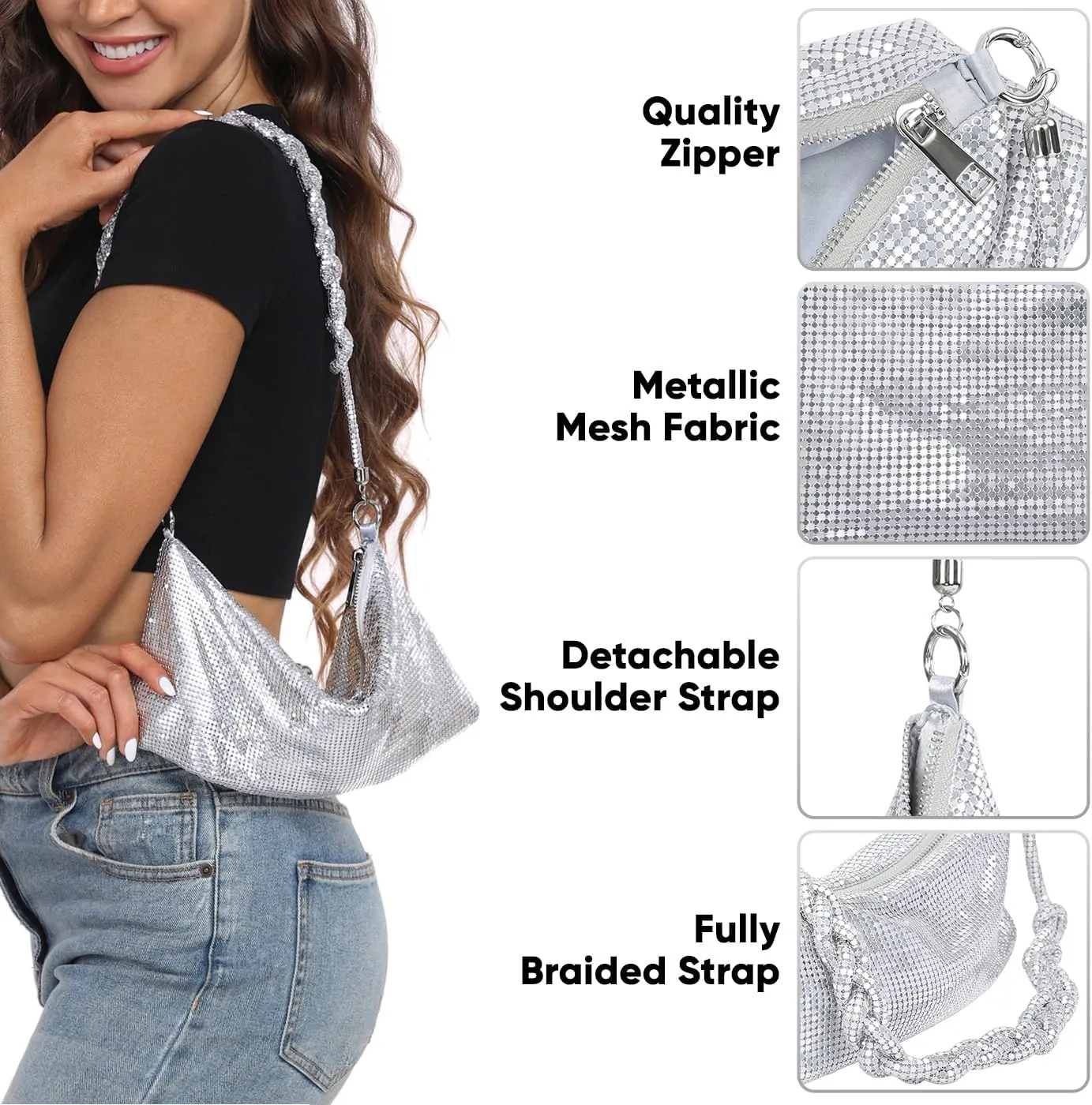 HDE Women's Metallic Mesh Evening Bag Shiny Braid Knotted Shoulder Purse Handbag