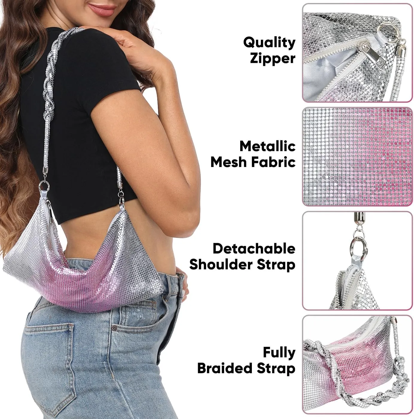 HDE Women's Metallic Mesh Evening Bag Shiny Braid Knotted Shoulder Purse Handbag