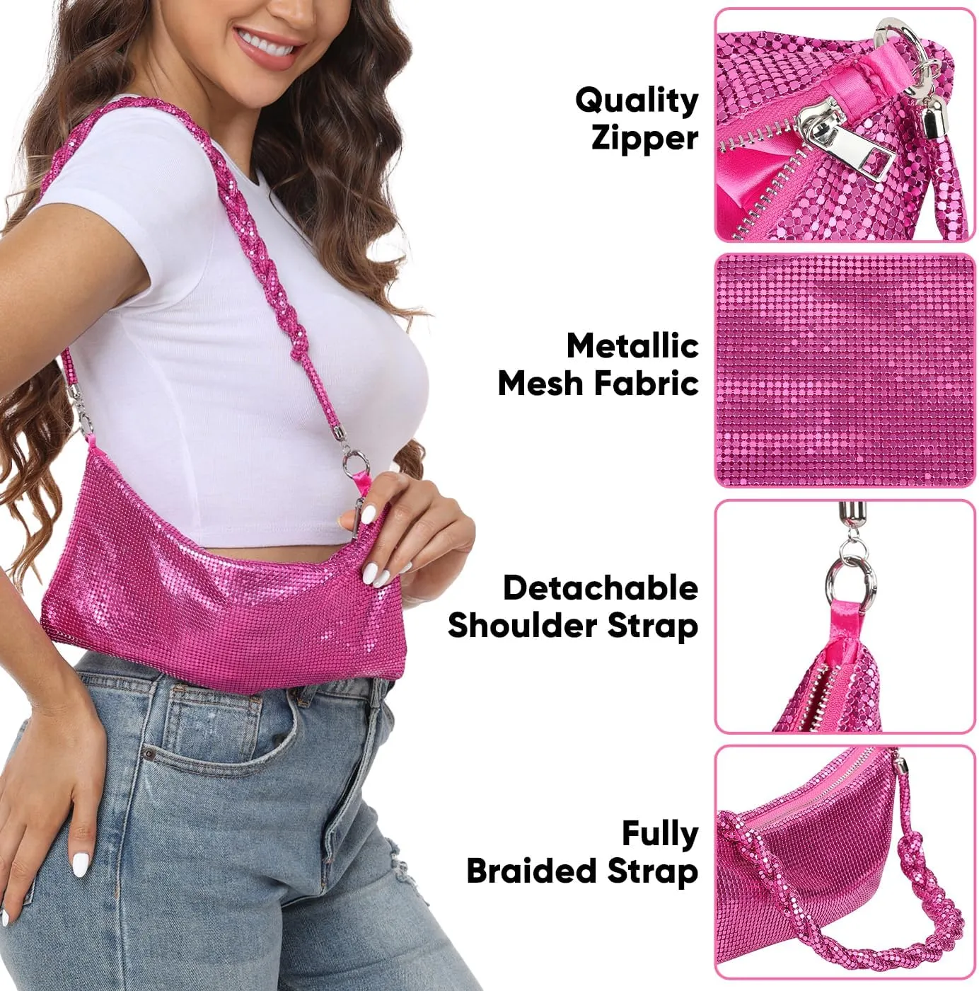 HDE Women's Metallic Mesh Evening Bag Shiny Braid Knotted Shoulder Purse Handbag