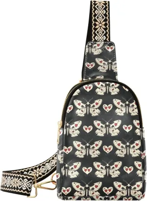 Heart Butterfly Stylish PU Leather Waist Pack Soft Waterproof Crossbody Bag with Metal Hardware Fits Keys Phone Passport for Work Walks Music Fests & Trips