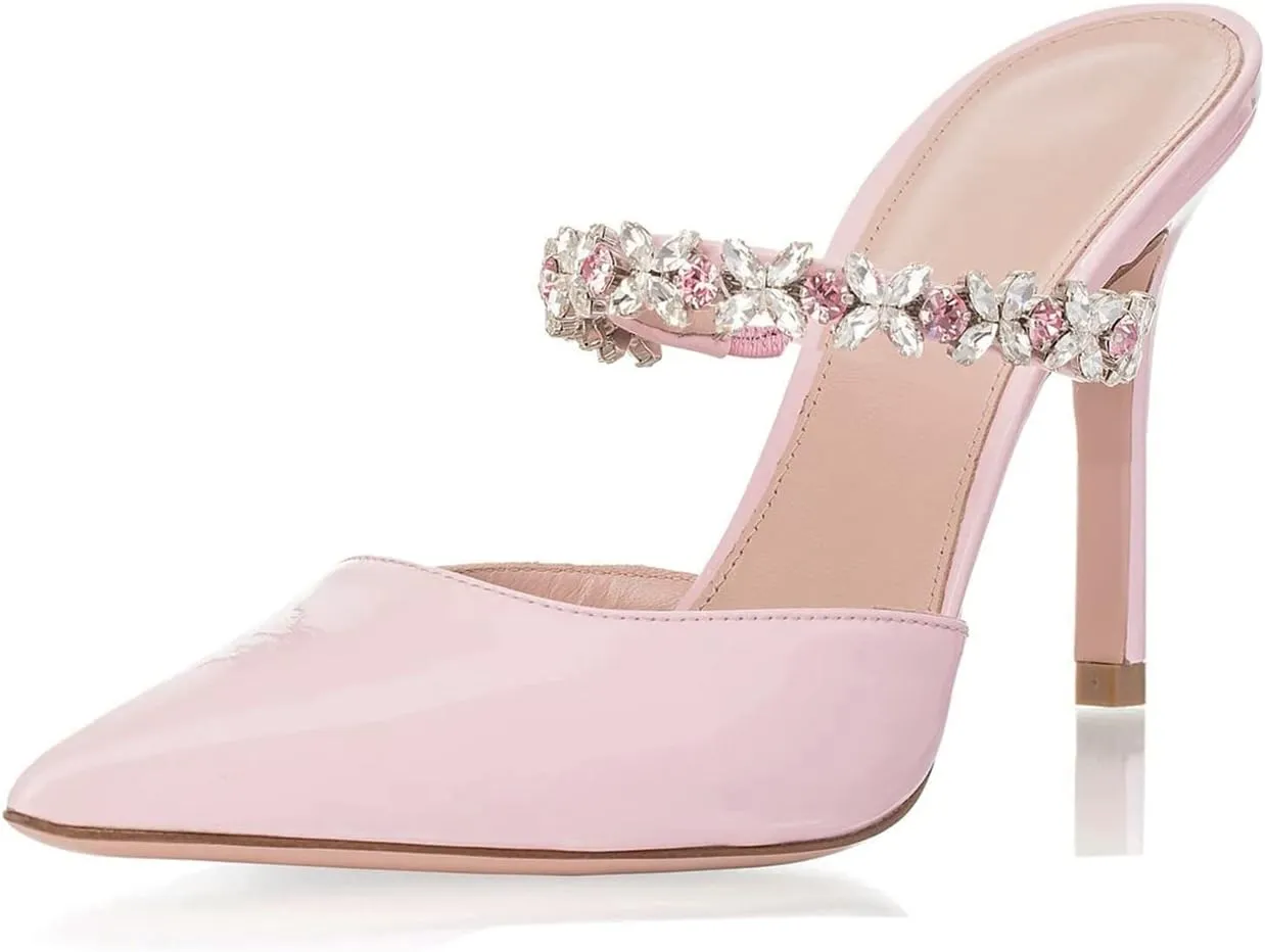 Heeled Mules Gem-Crystal Chain Embellished Strap High Stiletto Heels Sandals