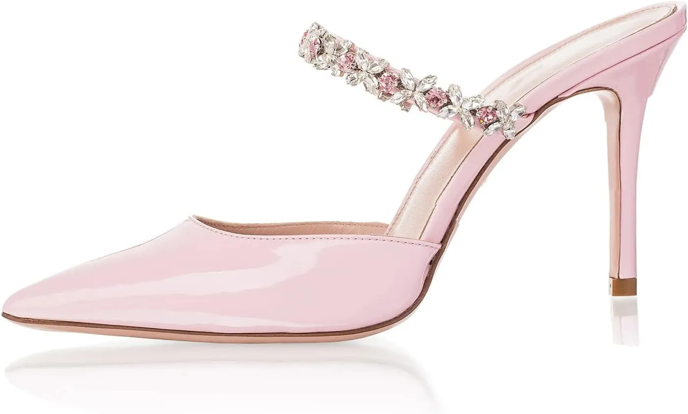 Heeled Mules Gem-Crystal Chain Embellished Strap High Stiletto Heels Sandals