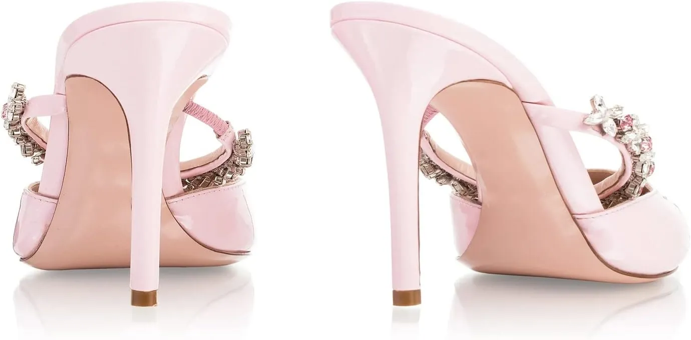 Heeled Mules Gem-Crystal Chain Embellished Strap High Stiletto Heels Sandals