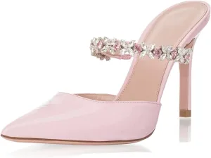 Heeled Mules Gem-Crystal Chain Embellished Strap High Stiletto Heels Sandals