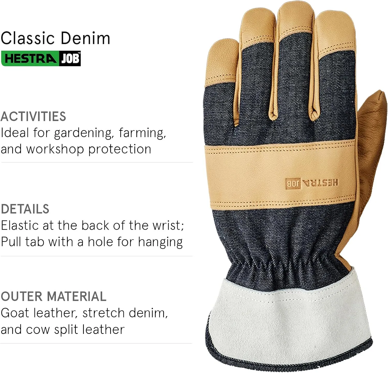 Hestra Denim Classic Glove, Leather Multi-Use Classic Work Gloves for Craftsmanship, Yard Work,Gardening & DIY Projects