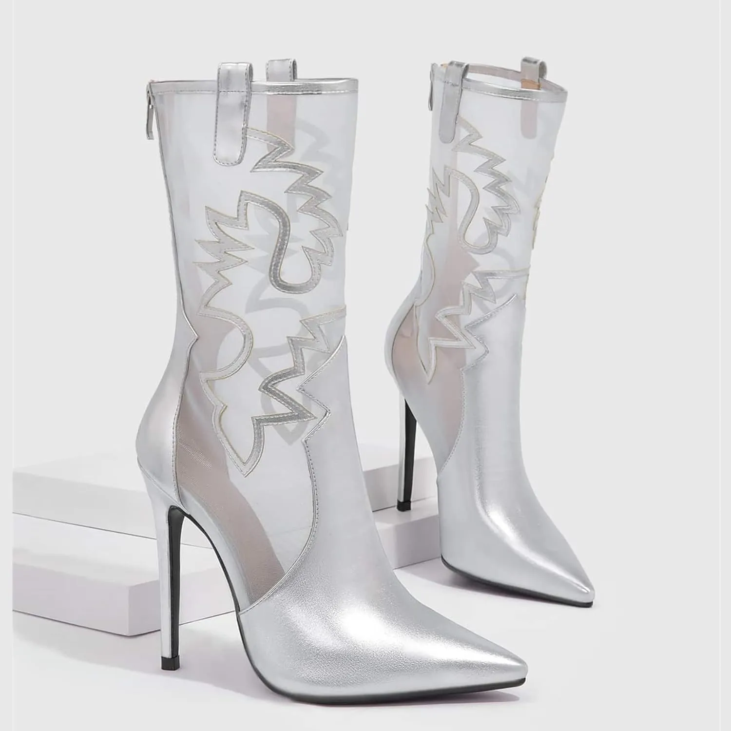 HiColor Womens Back Zipper High Heels Pointed Toe Faux leather Mesh Embroider Booties Stiletto heels Summer boots Ladies Thin Heels metal silver shoes