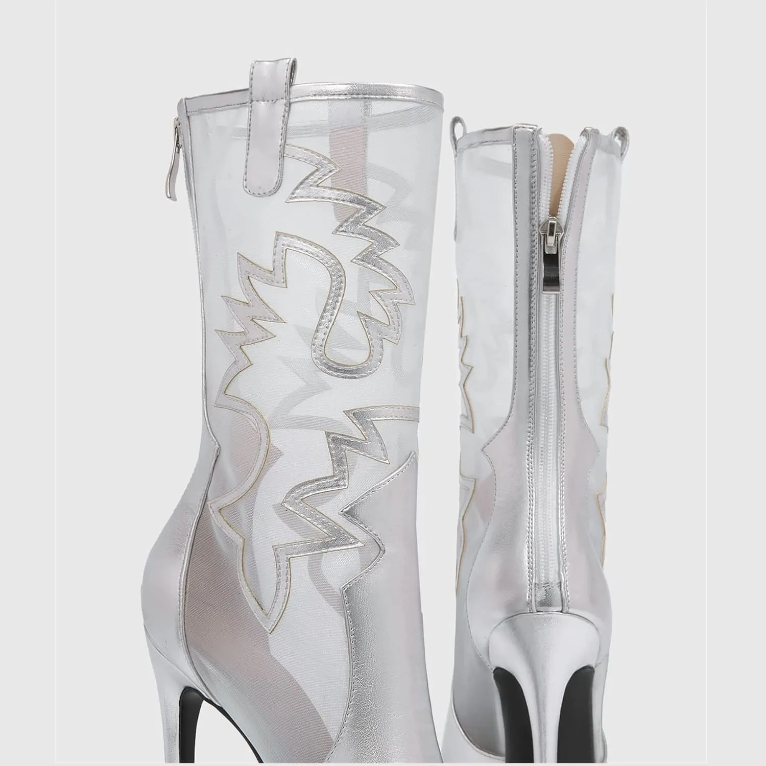 HiColor Womens Back Zipper High Heels Pointed Toe Faux leather Mesh Embroider Booties Stiletto heels Summer boots Ladies Thin Heels metal silver shoes