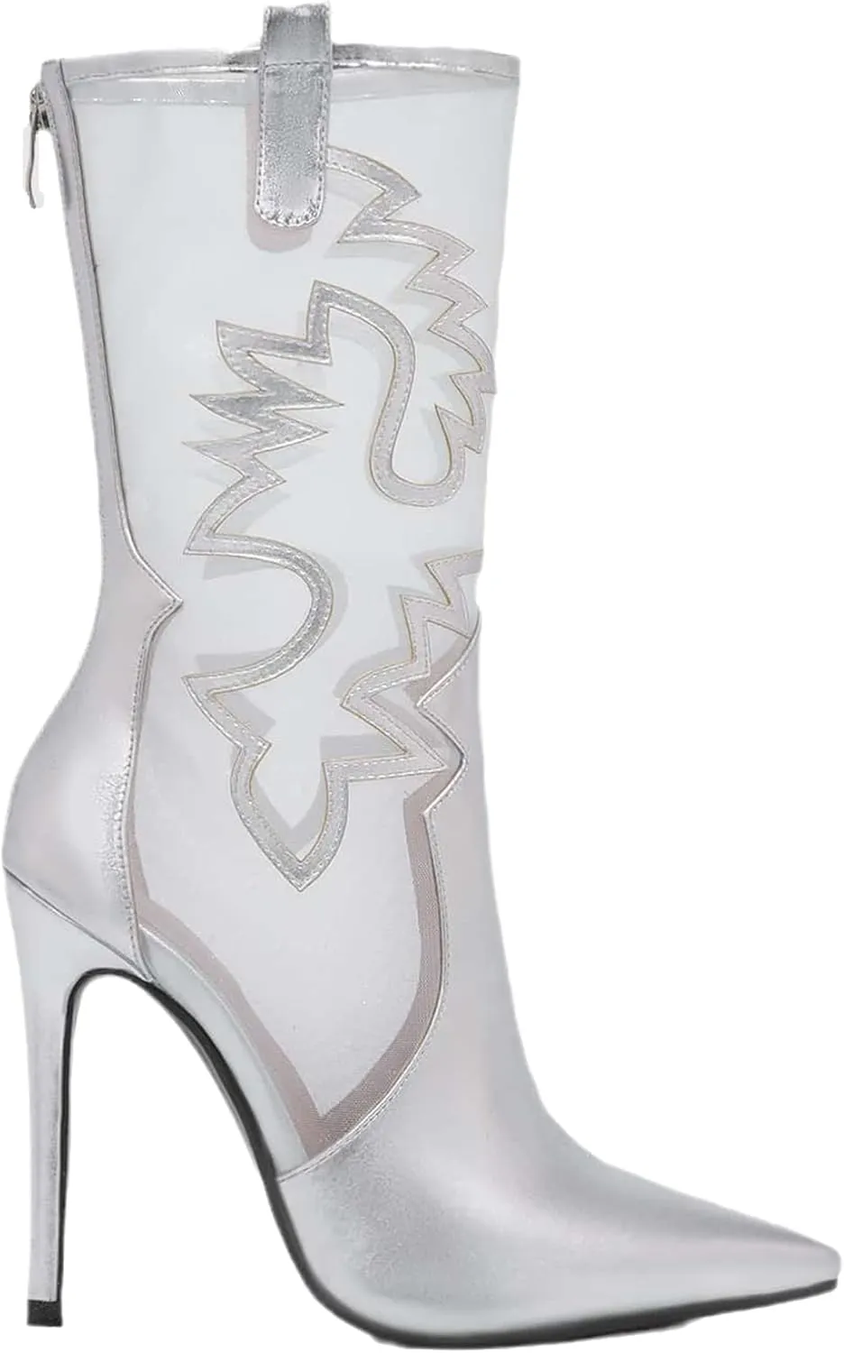 HiColor Womens Back Zipper High Heels Pointed Toe Faux leather Mesh Embroider Booties Stiletto heels Summer boots Ladies Thin Heels metal silver shoes