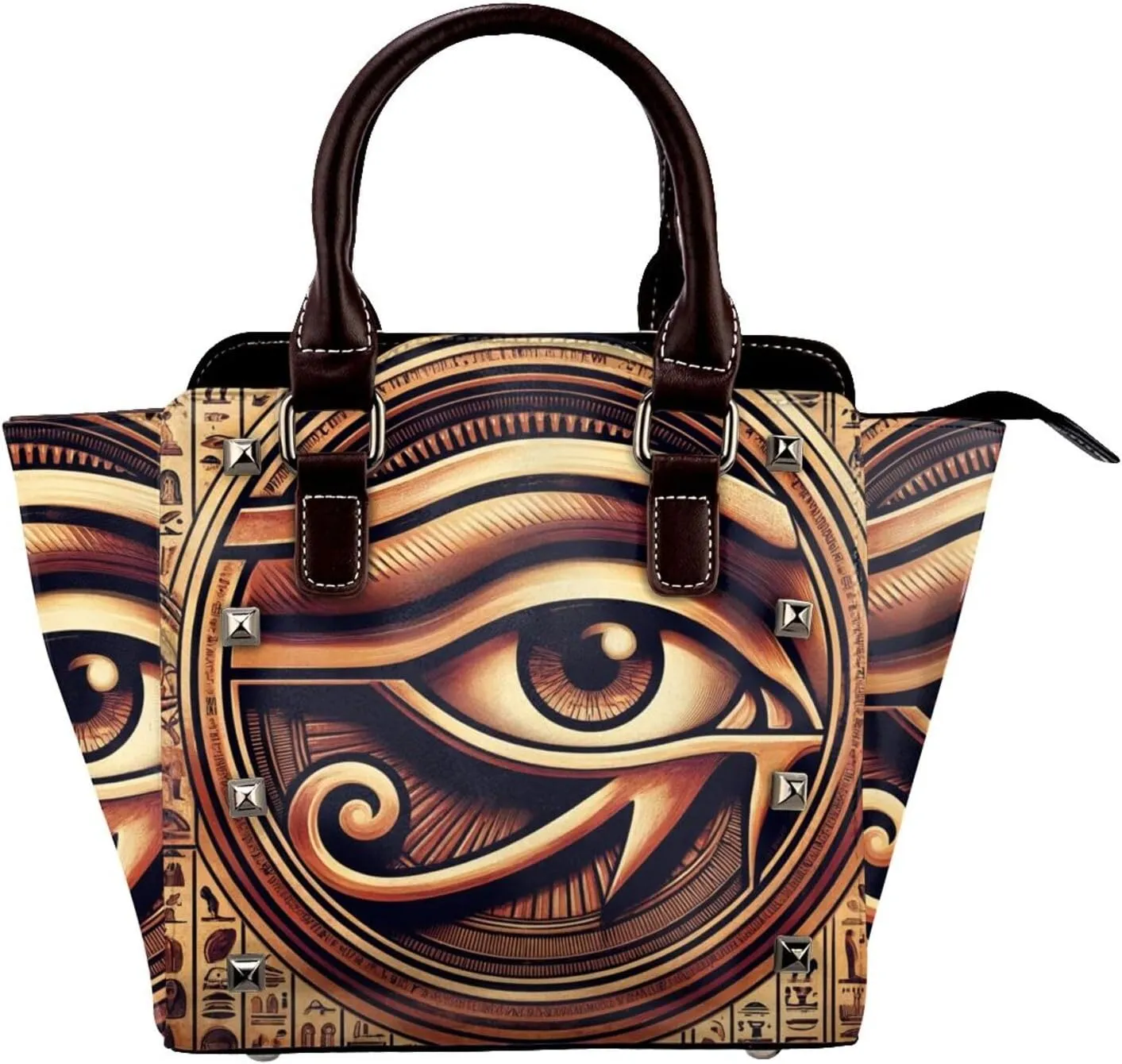 Hieroglyphs-Eye-Of-Horus Pu Leather Crossbody Studded Bag, Fashionable Shoulder Handbag With Detachable Shoulder Strap